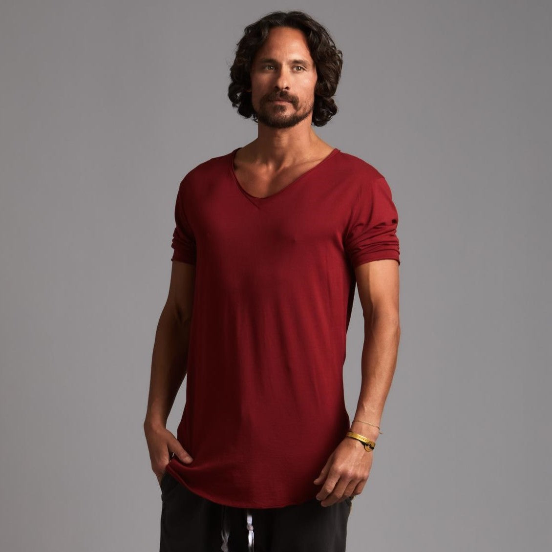 Male modeling Merlot Red colored V Neck Tree Shirt