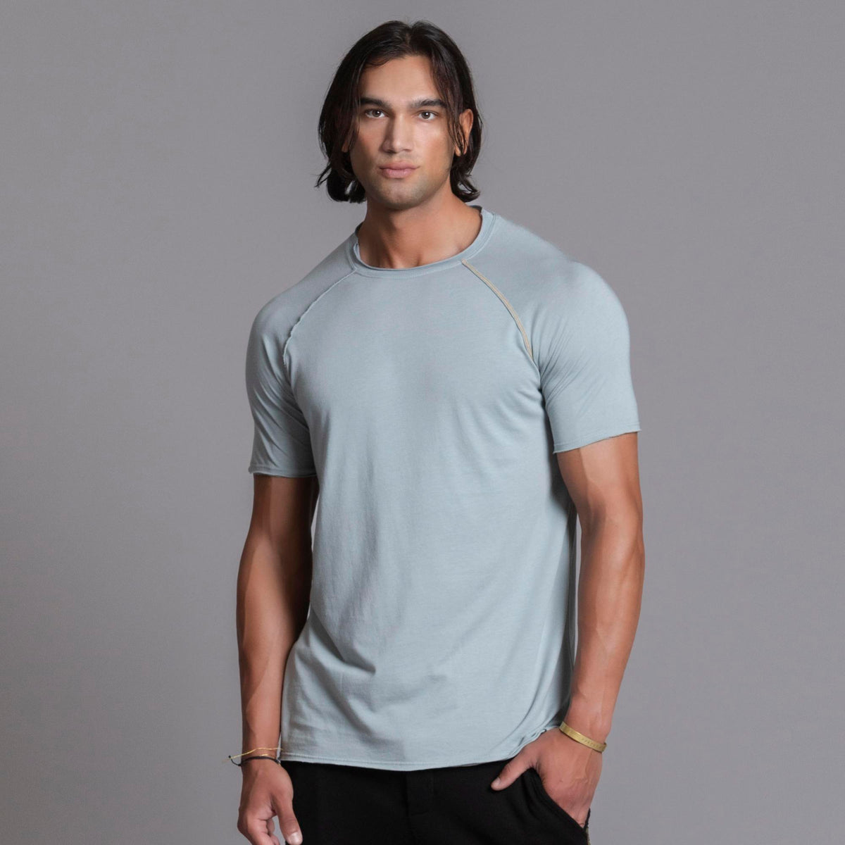 Male modeling agave teal ultimate tee shirt