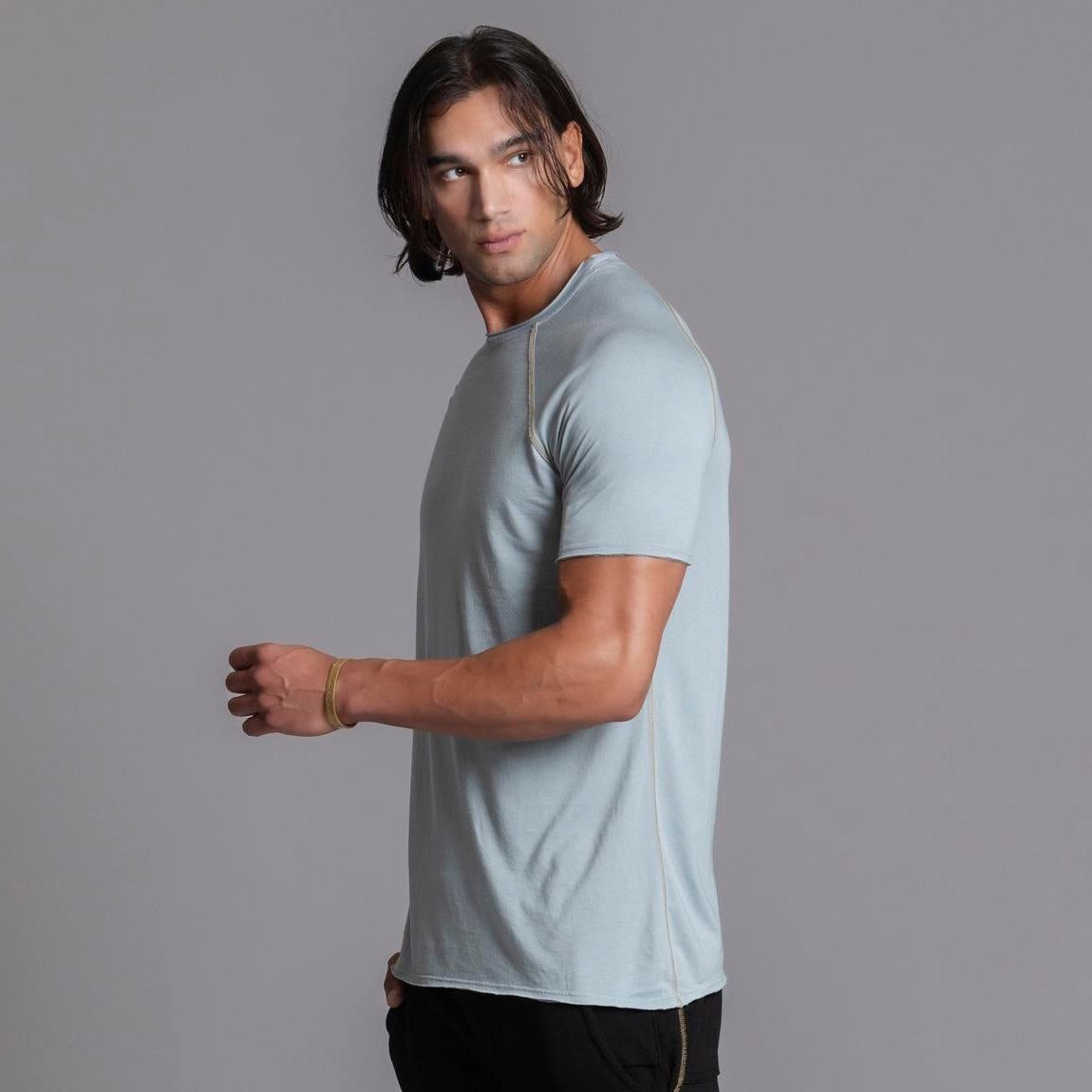 Male modeling agave teal ultimate tee shirt