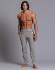 A man modeling Deep Clay gray colored jogger pants