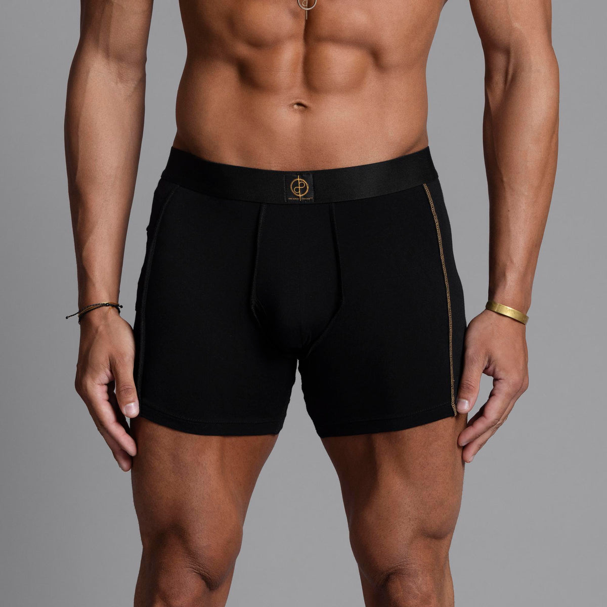 A man modeling the One Golden Thread Unders in Black