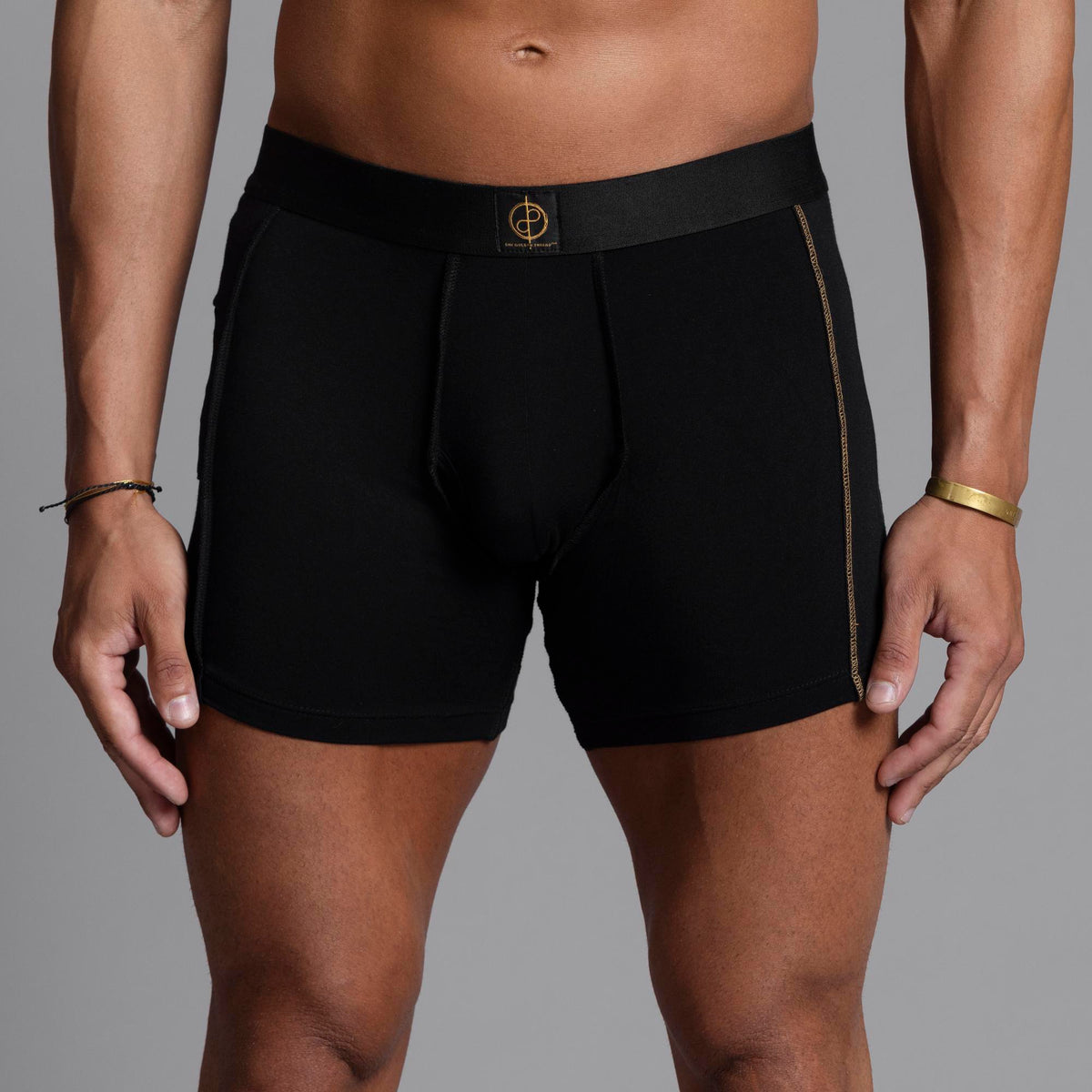 A man modeling the One Golden Thread Unders in Black