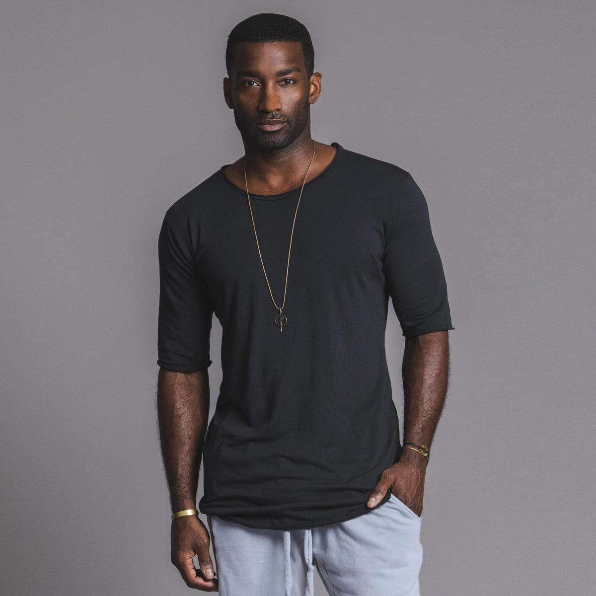 Male modeling slate crew neck shirt 