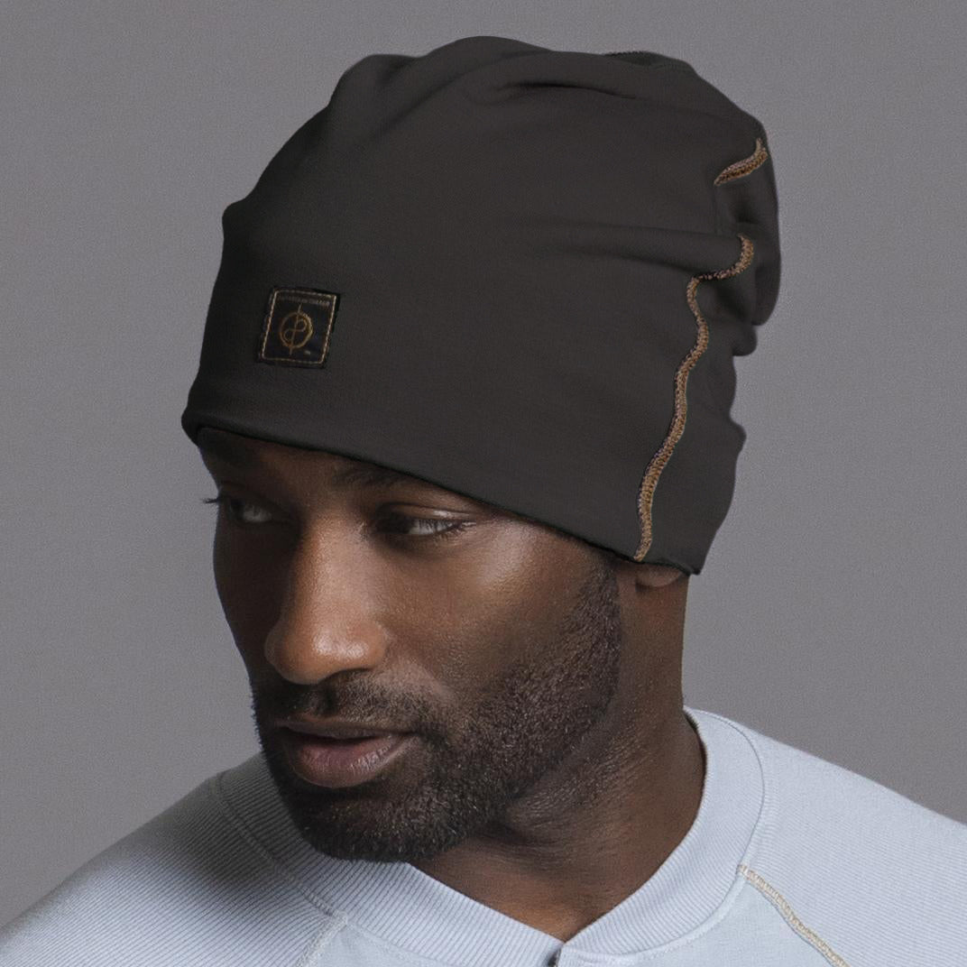 man modeling slate beanie