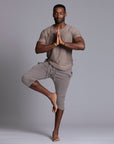 Male modeling Deep Clay gray yogo mid shorts