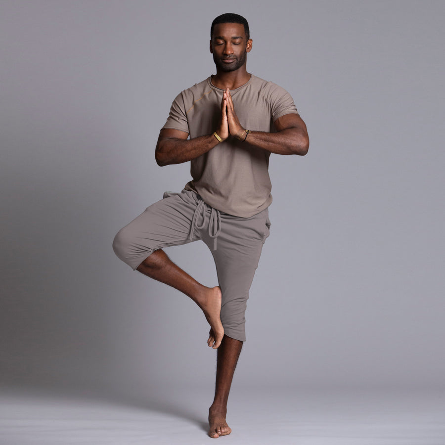 Male modeling Deep Clay gray yogo mid shorts