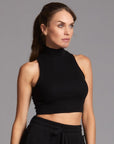 Woman modeling high neck crop in Black
