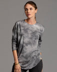 Woman modeling long sleeve crew shirt in rain cloud