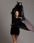 Woman modeling purple Benzova pattern nature wrap