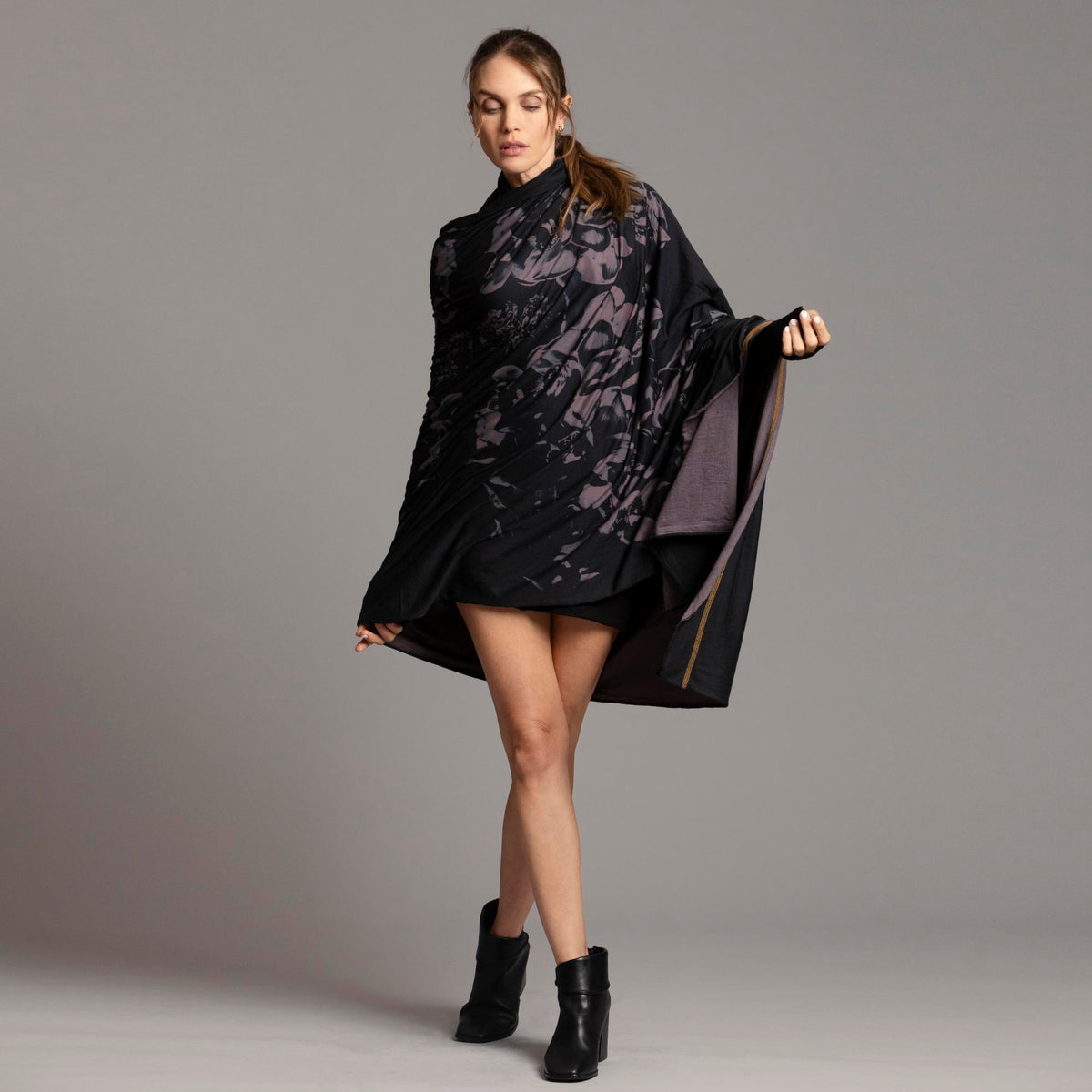 Woman modeling purple Benzova pattern nature wrap