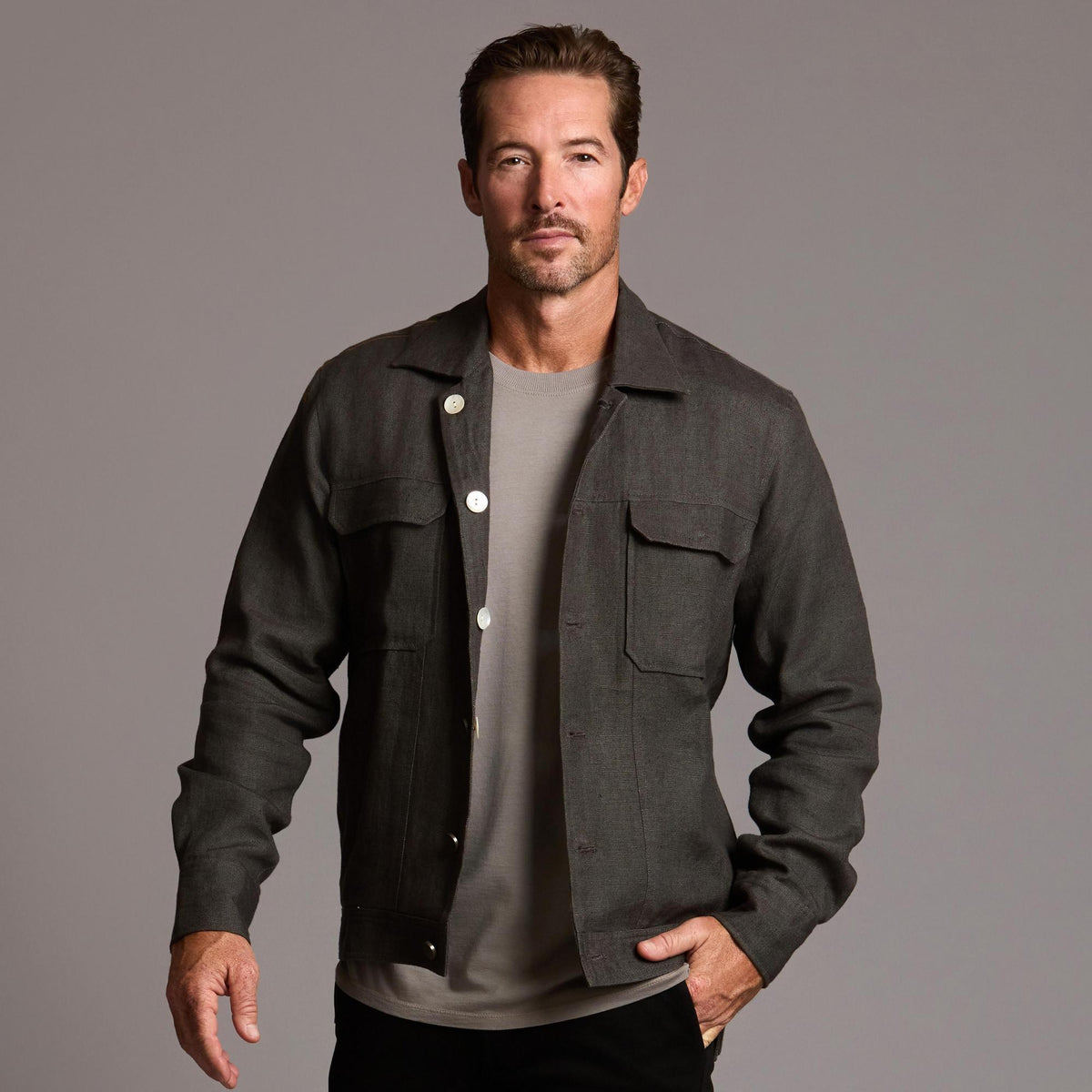 Male modeling smoke axis jacket
