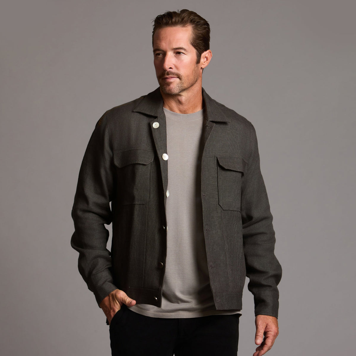 Male modeling smoke axis jacket