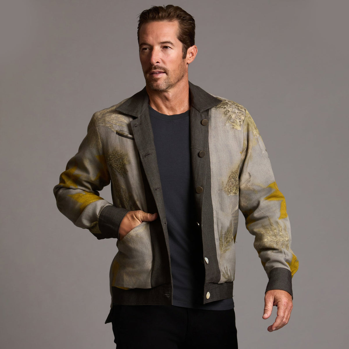 Male modeling smoke axis jacket