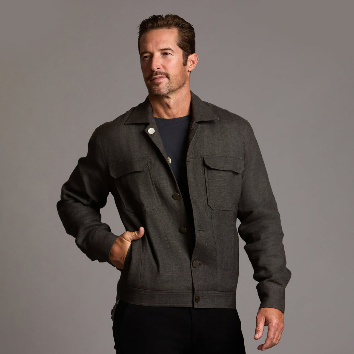Male modeling smoke axis jacket
