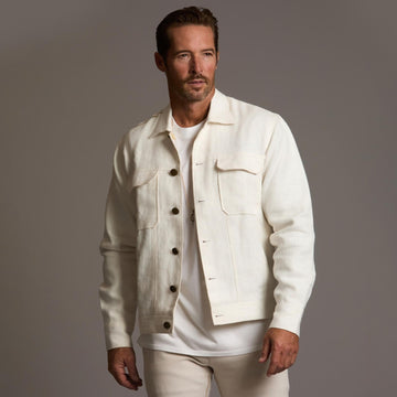 Male modeling white axis jacket