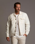 Male modeling white axis jacket