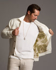 Male modeling white axis jacket