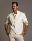 Male modeling white axis jacket