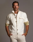 Male modeling white axis jacket