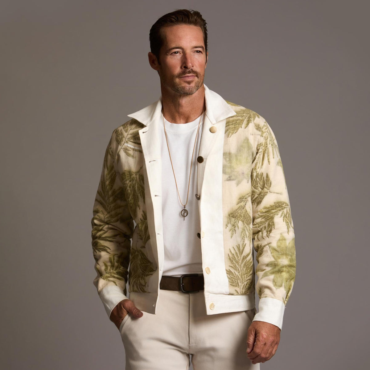 Male modeling white axis jacket