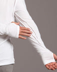 Man modeling white long-sleeve hooded tee