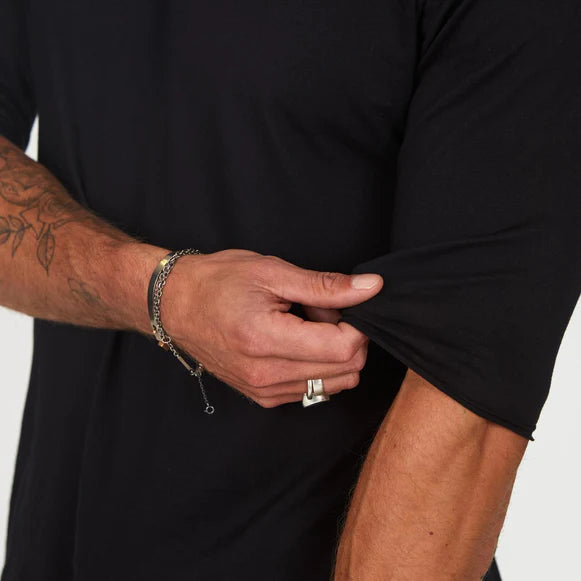 Male modeling black crew neck shirt 