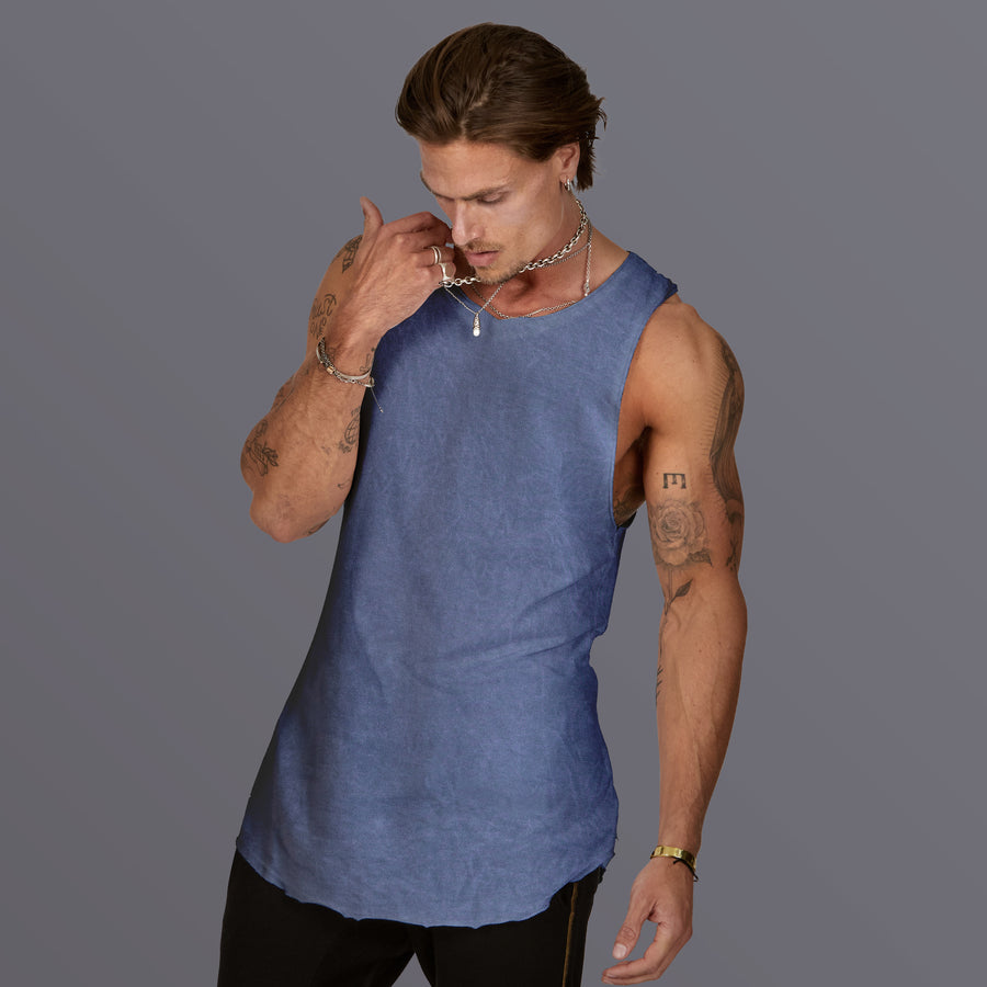 Man modeling a Chambray Mineral blue color tank top