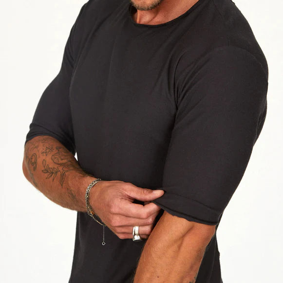 Male modeling slate crew neck shirt 