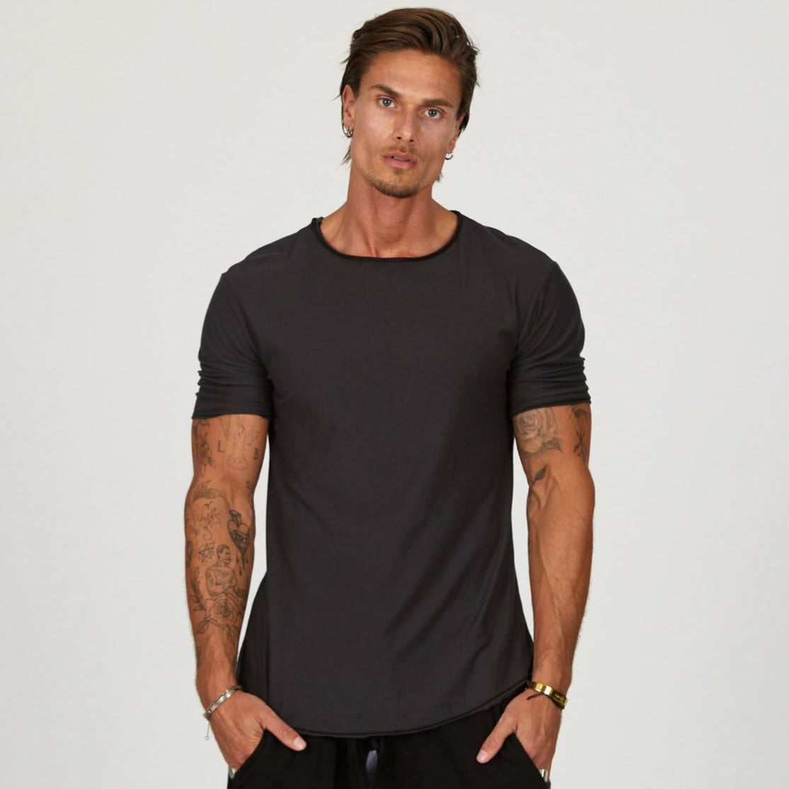 Male modeling slate crew neck shirt 