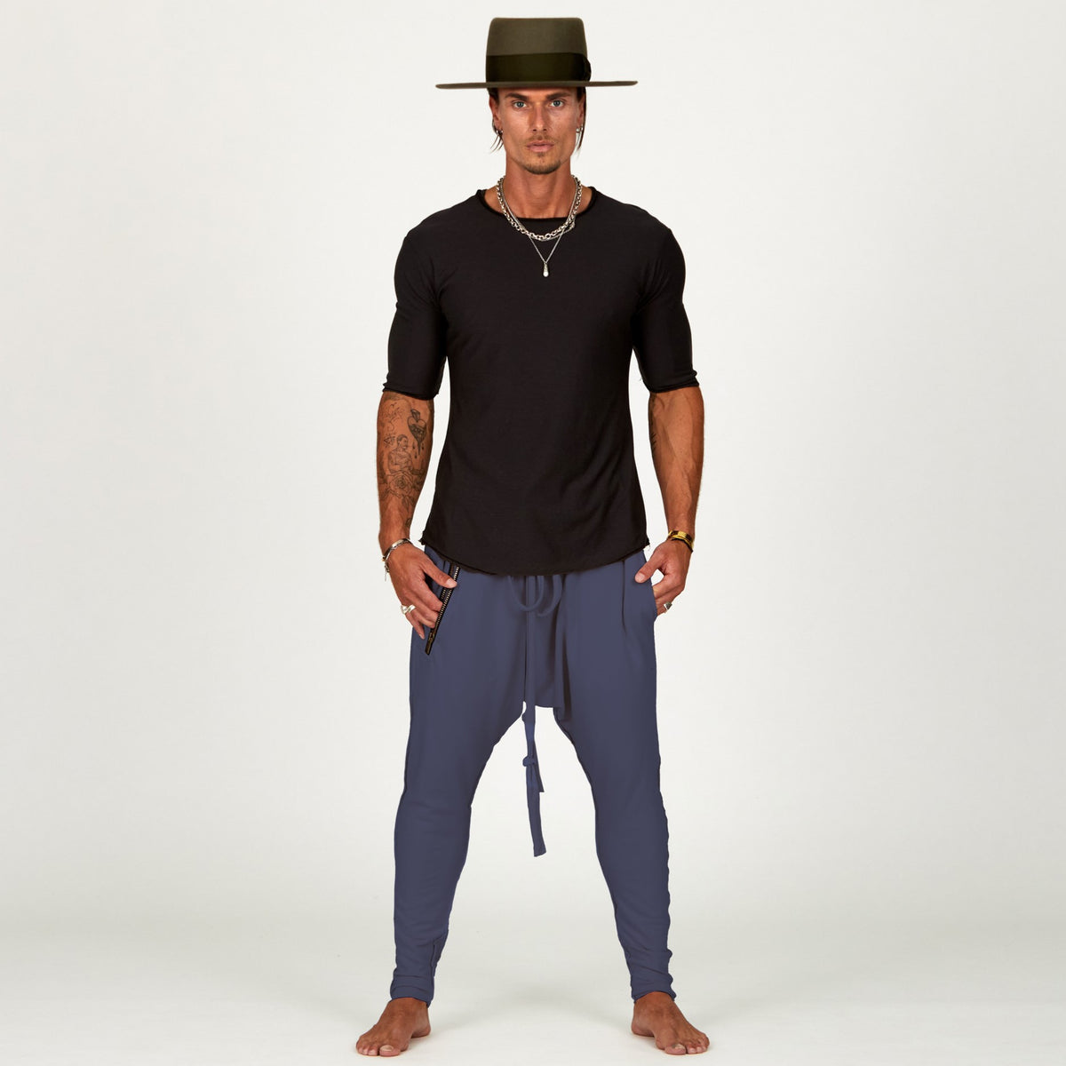 Male modeling Charcoal Blue colored pants
