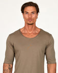 Male modeling tan v neck shirt 