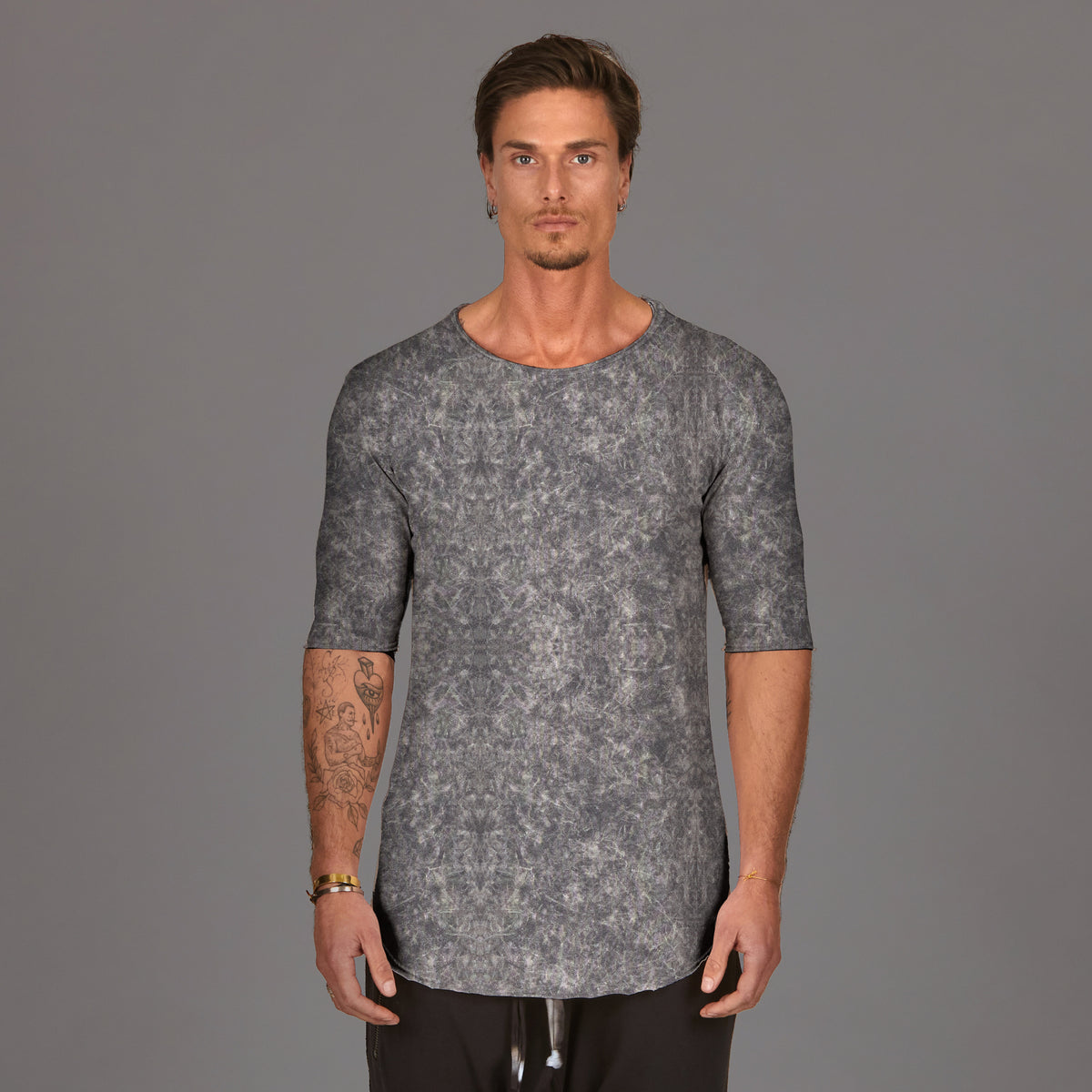 Male modeling grey mineral crew neck shirt