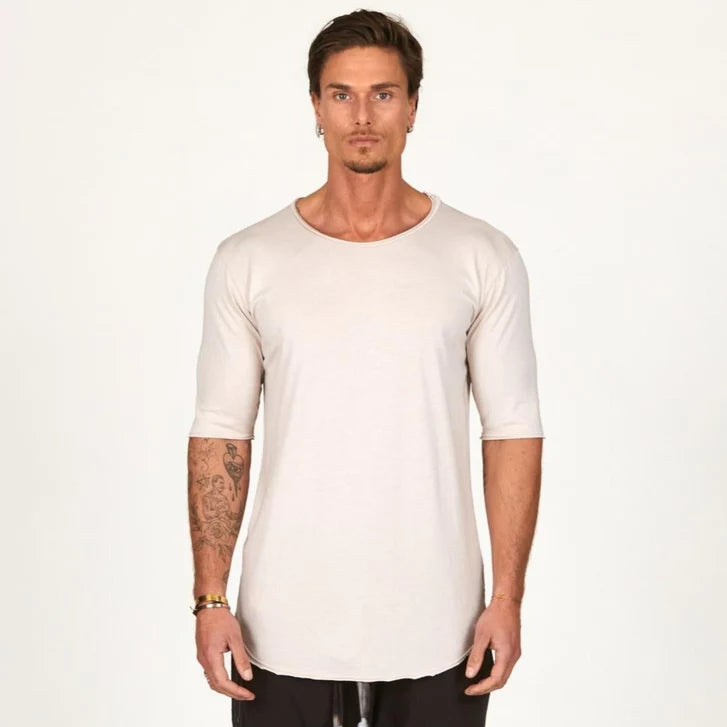 Male modeling white stone crew neck shirt 