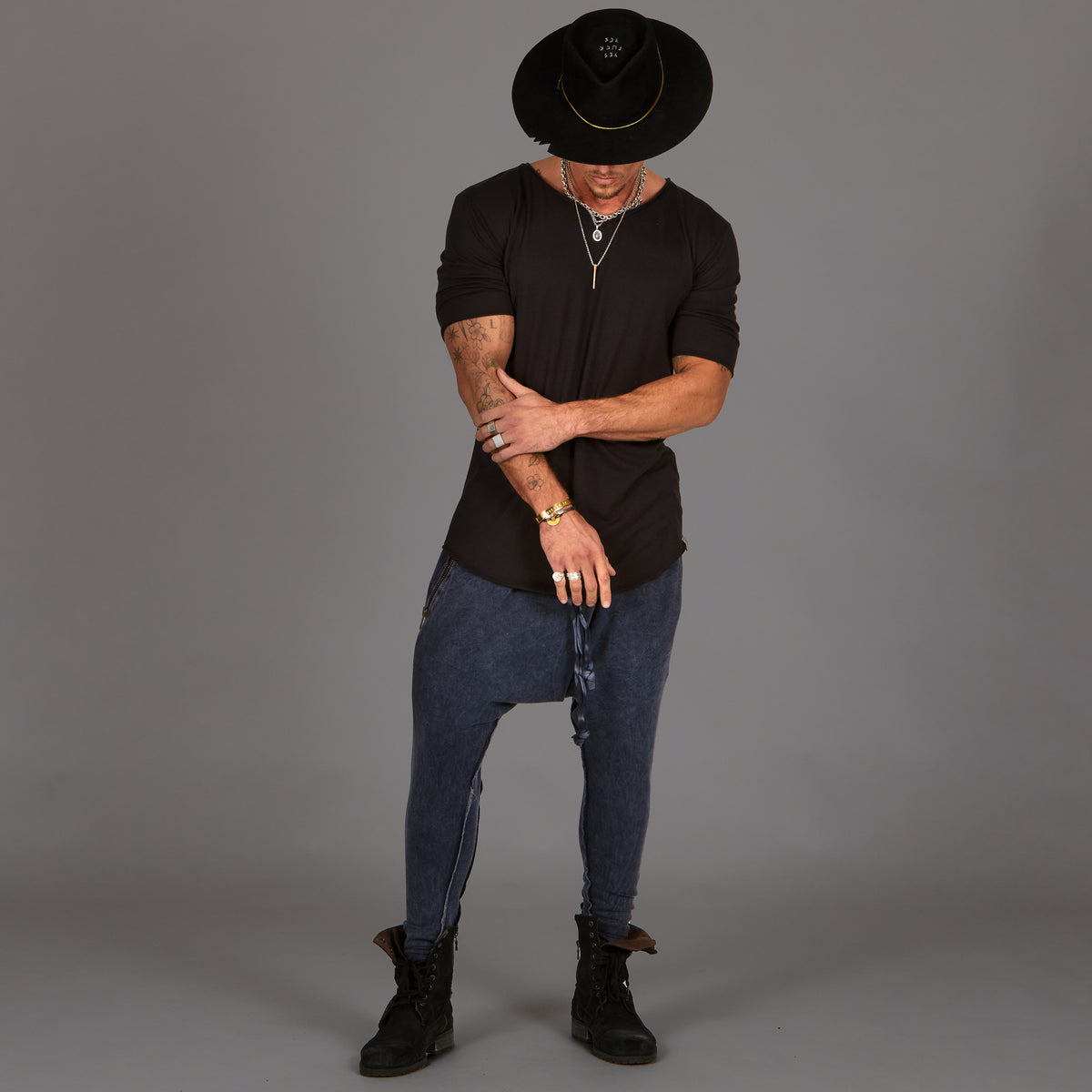 Male modeling Blue Mineral colored pants