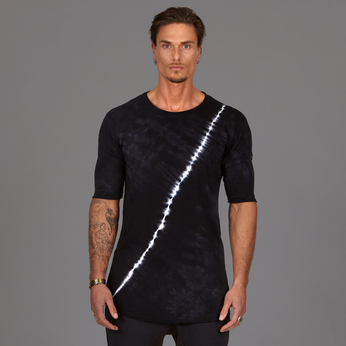Male modeling light bolt crew neck shirt