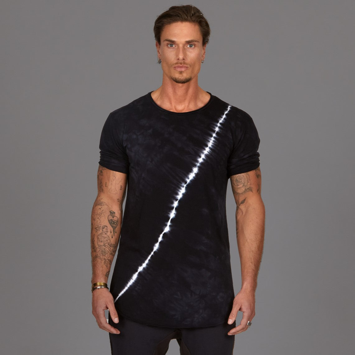 Male modeling light bolt crew neck shirt