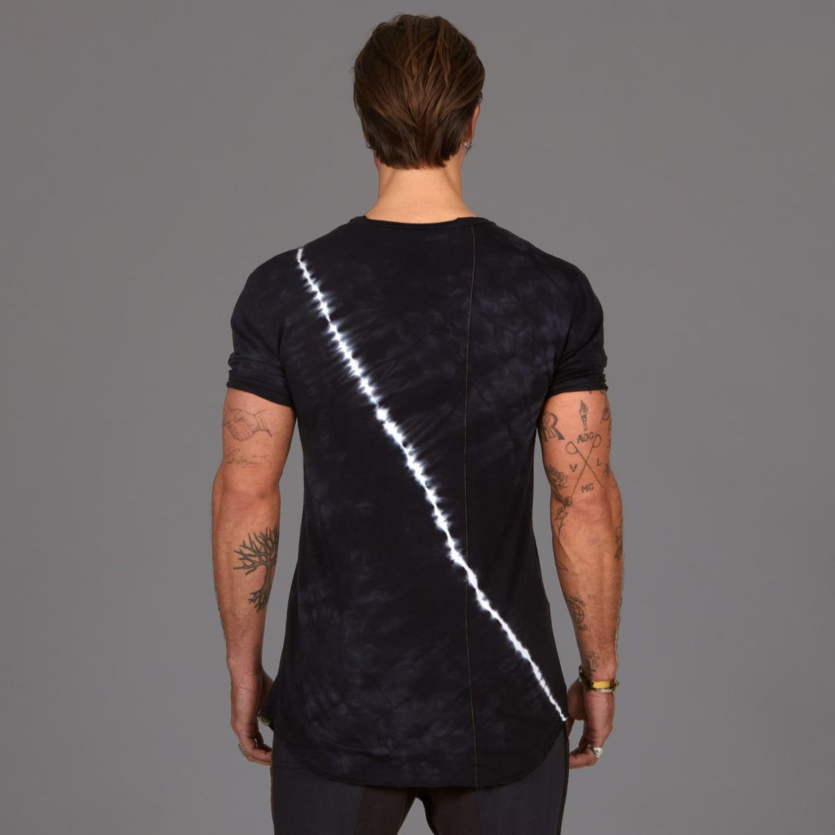 Male modeling light bolt crew neck shirt