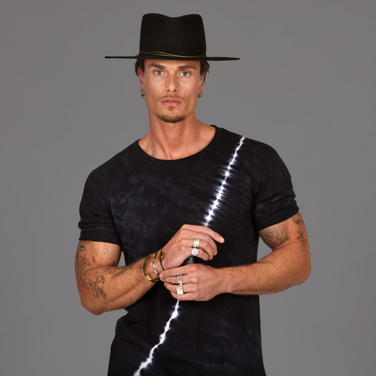 Male modeling light bolt crew neck shirt