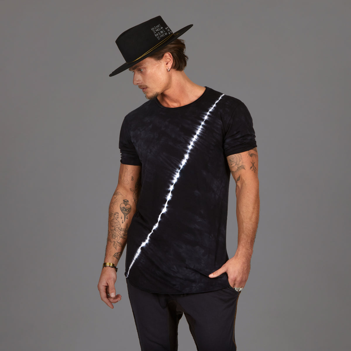 Male modeling light bolt crew neck shirt
