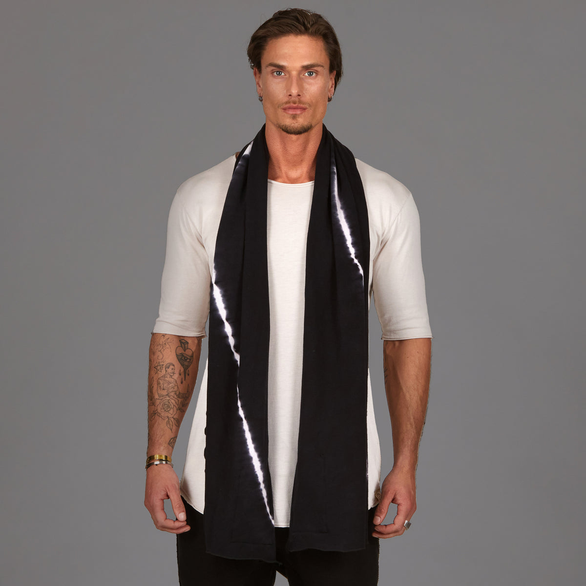 Male modeling Midnight bolt fleece scarf