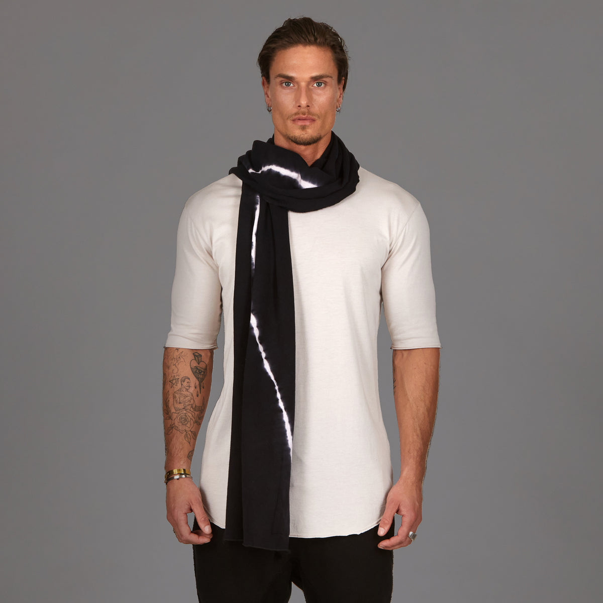Male modeling Midnight bolt fleece scarf