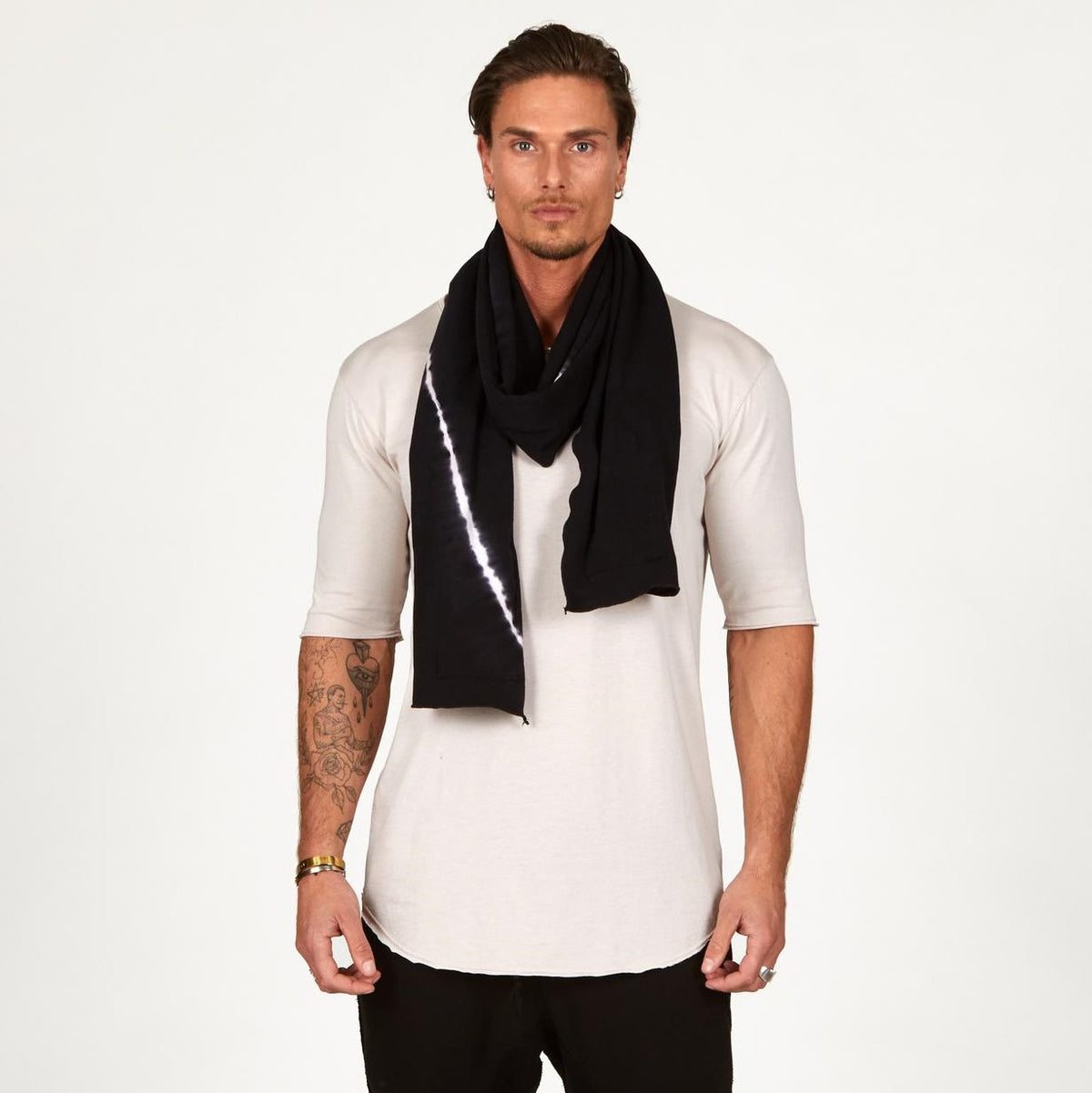 Male modeling Midnight bolt fleece scarf