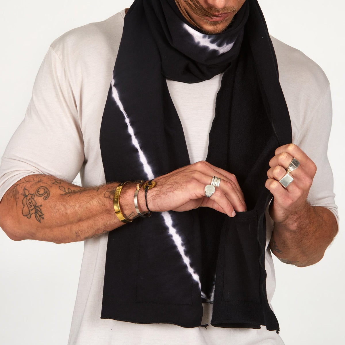 Male modeling Midnight bolt fleece scarf