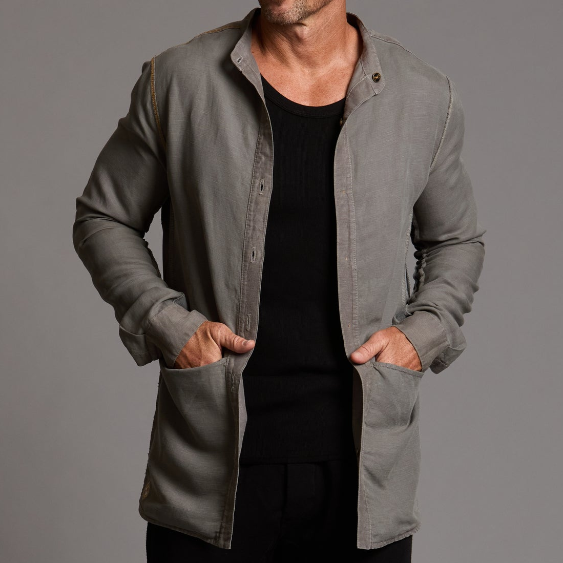 male modeling grey shacket