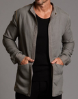male modeling grey shacket