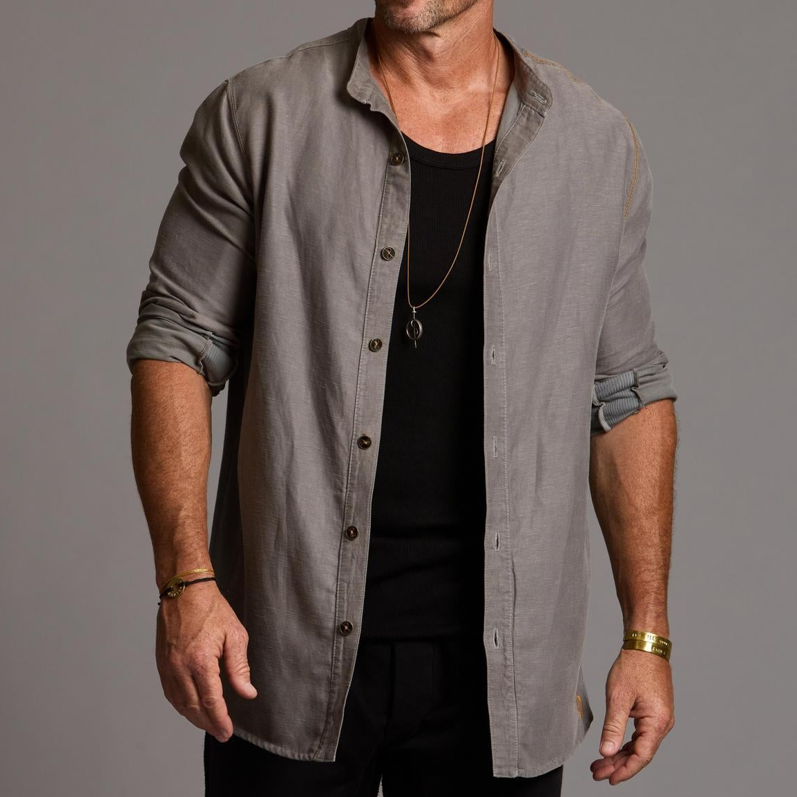 male modeling grey shacket