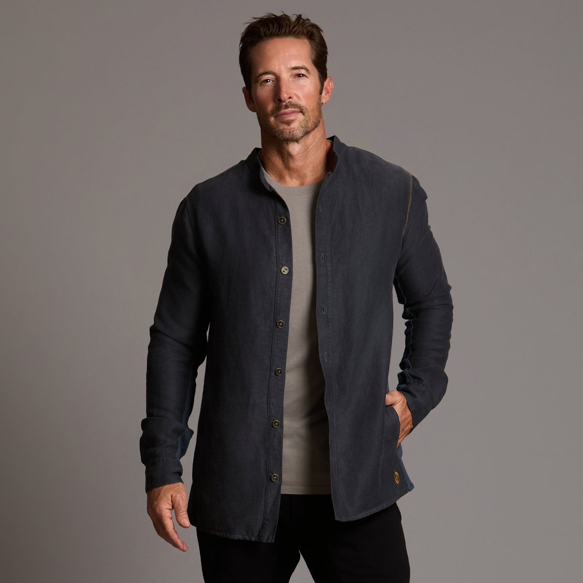 Male modeling Shacket in Charcoal Blue