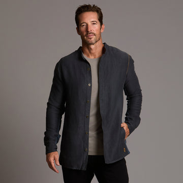 Male modeling Shacket in Charcoal Blue