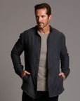 Male modeling Shacket in Charcoal Blue
