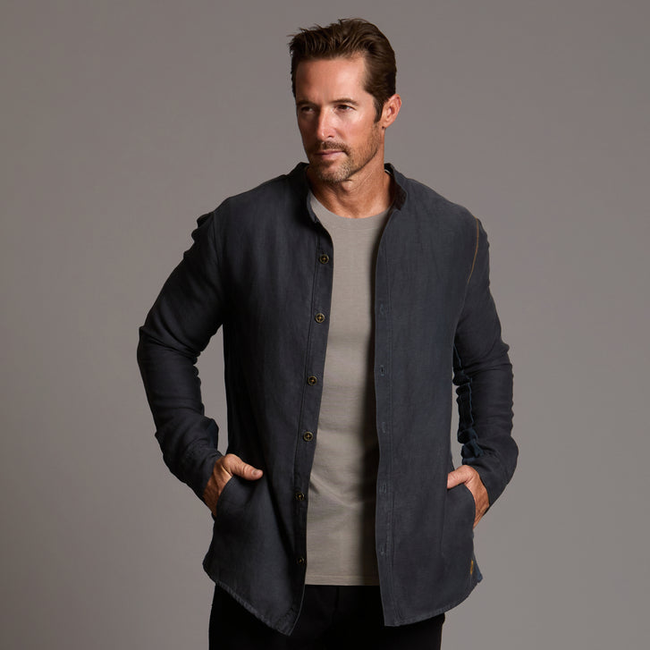 Male modeling Shacket in Charcoal Blue